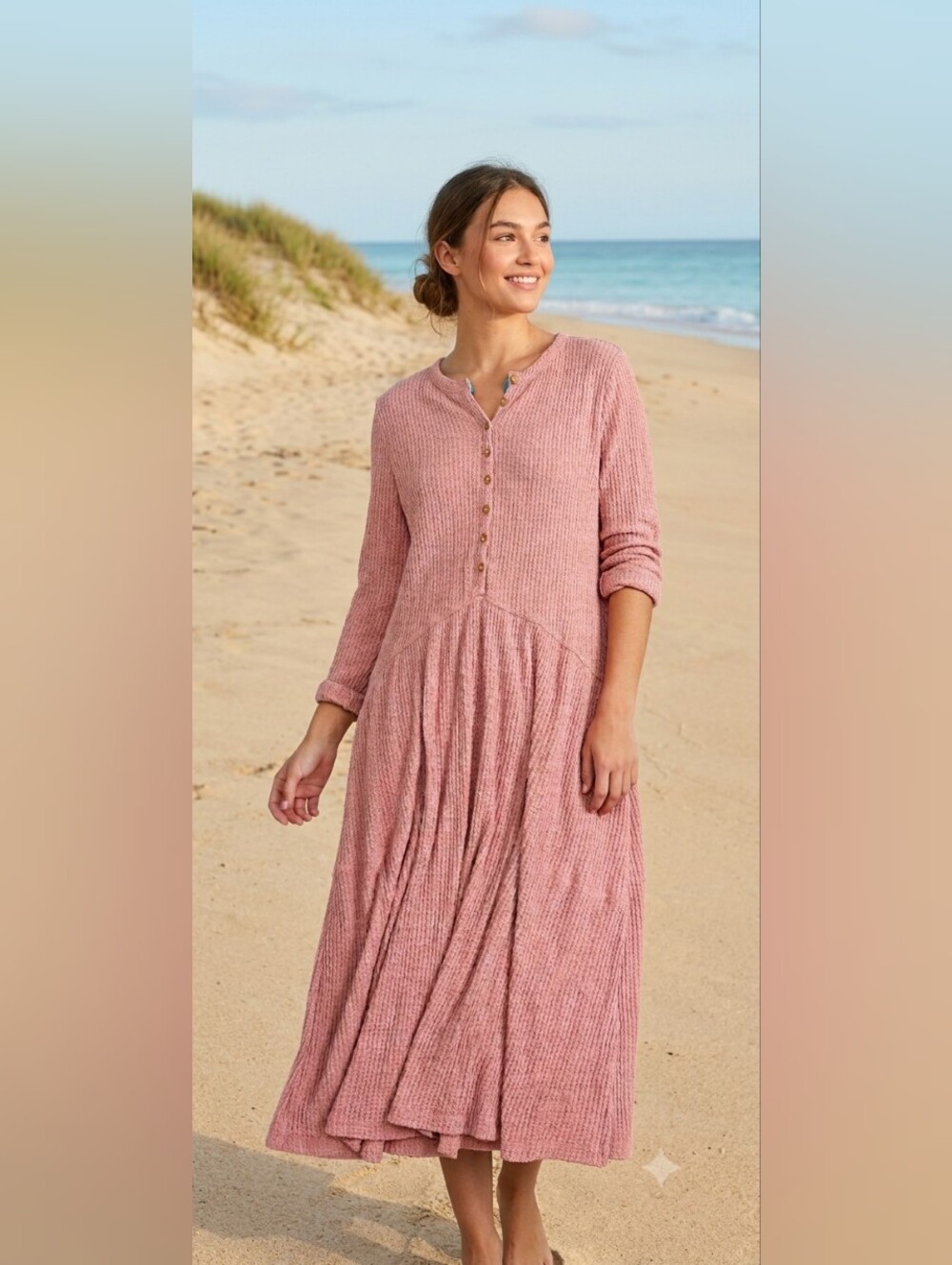 Free People Beach Love is Mist Pink Blossom Knit Button-Up T-Shirt Dress Sz S